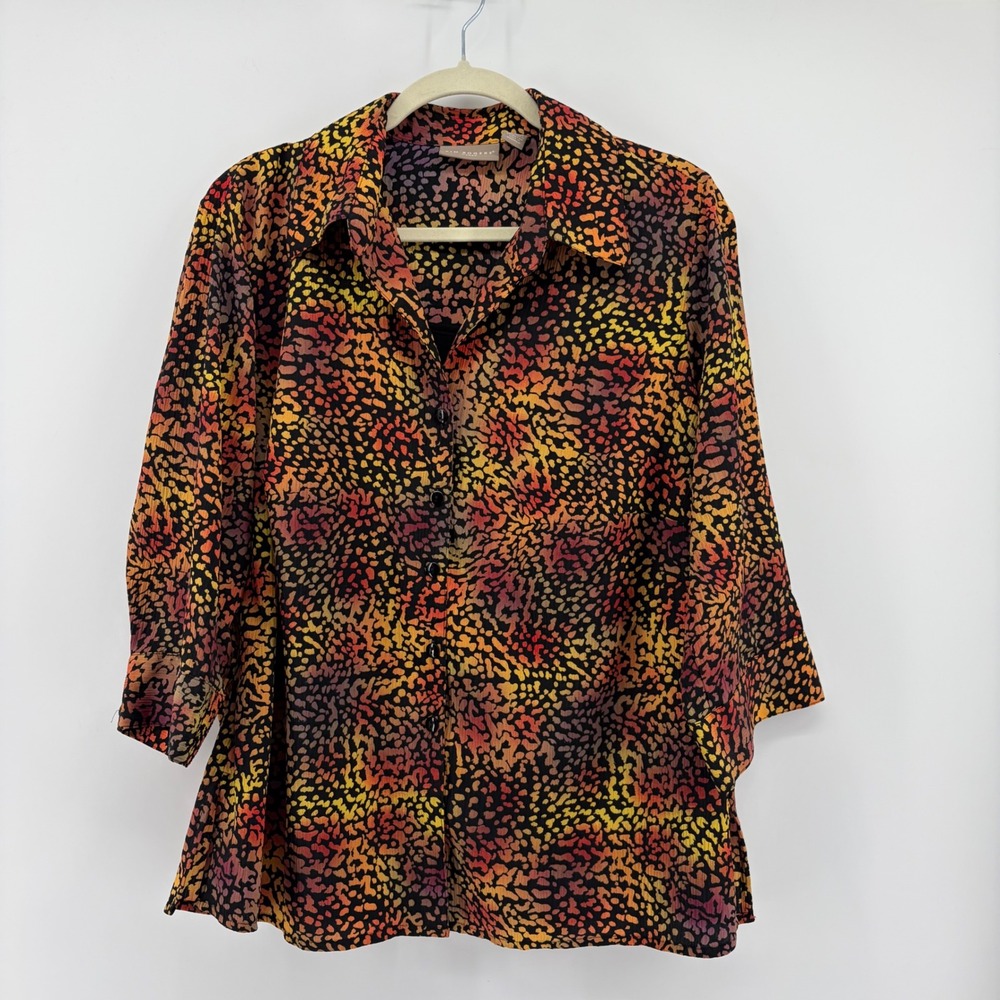 Kim Rogers Womens 1X Multicolor Abstract Print Button Front 3/4 Sleeve Blouse